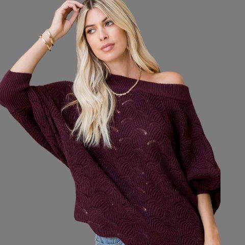 Bubble Sleeve and Scallop Bottom Sweater - Mulberry.
