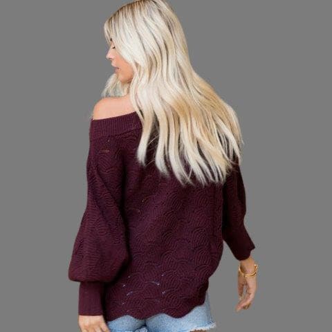 Bubble Sleeve and Scallop Bottom Sweater - Mulberry.