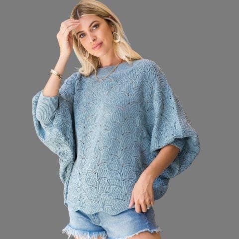 Bubble Sleeve and Scallop Bottom Sweater - Misty Blue.