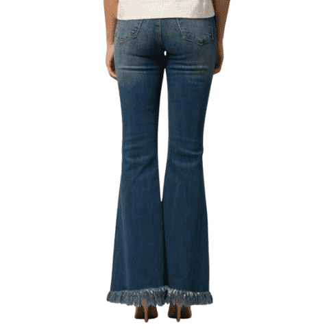 Elastic Waistband Long Frayed Jeans