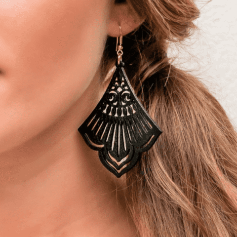 Black Wood Pattern Diamond Shaped Earrings.