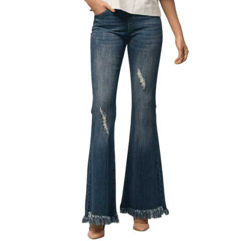 Elastic Waistband Long Frayed Jeans